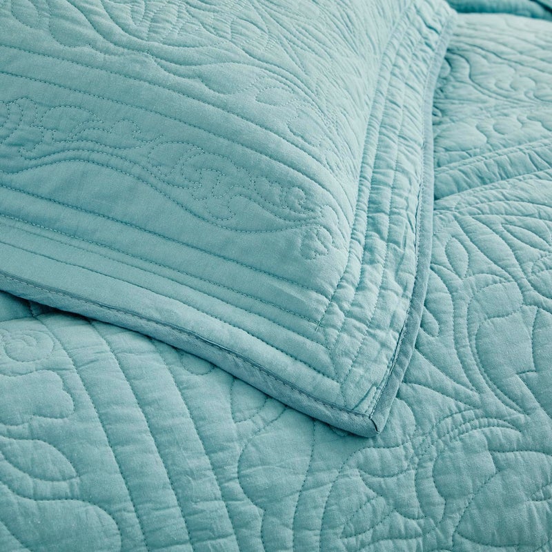 WINLIFE 100% Cotton Quilted Pillow Sham Floral Printed Pillow Cover (Standard, Aqua Blue) - Image 3